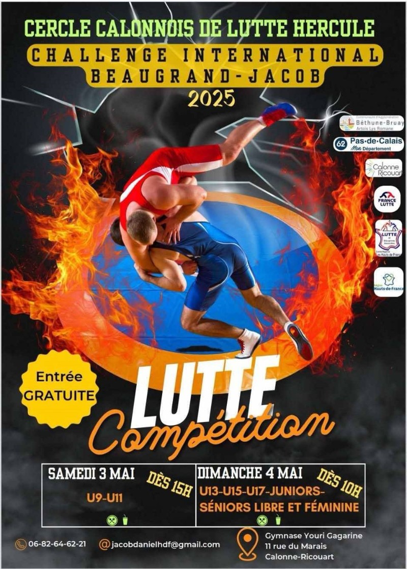 Affiche colorée du Challenge international Beaugrand-Jacob 2025 de lutte. On y voit deux lutteurs en pleine action sur un fond de flammes stylisées. Les dates de la compétition sont les 3 et 4 mai à Calonne-Ricouart, au gymnase Youri Gagarine.