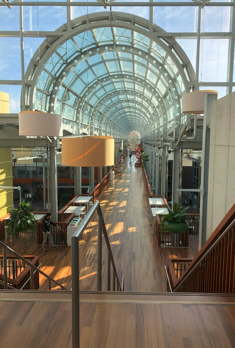 Cette image montre une allée spacieuse située à l'étage supérieur du Deltion College. L'espace est lumineux grâce à une large structure vitrée en plafond qui permet à la lumière naturelle de pénétrer. Des plantes sont disposées le long de l'allée et des espaces de travail sont installés de part et d'autre.