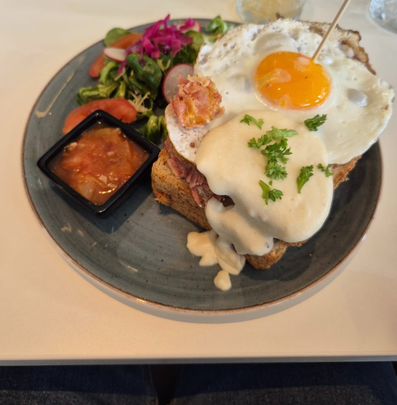 Sur cette photo, on voit un plat typique néerlandais, un croque-monsieur accompagné d'une petite salade. Le croque-monsieur est garni d'un œuf au plat sur le dessus, de jambon, de fromage, et d'une sauce crémeuse et de pain de mie frais.