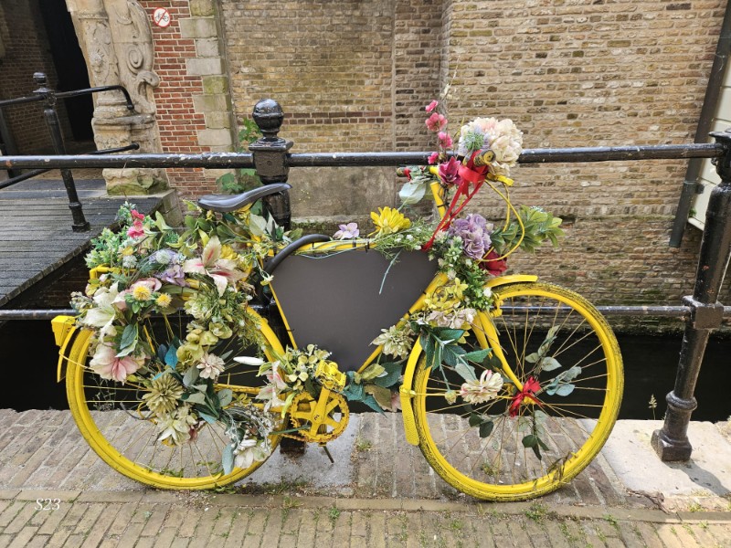 Vélo jaune orné de fleurs, sur le bord d'un canal.