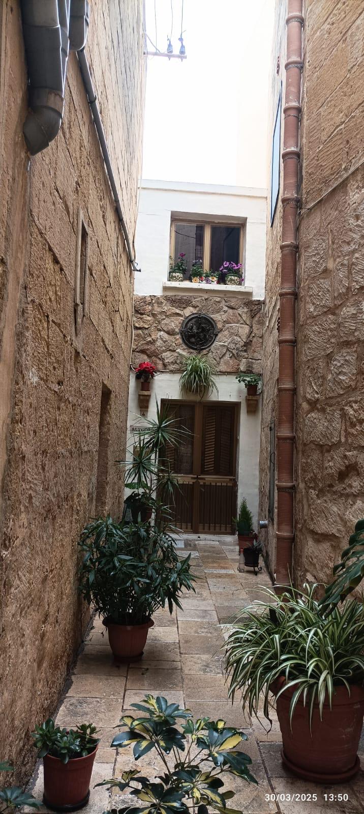 Petite ruelle en pierre bordée de plantes en pot, avec une porte décorée de fleurs et un médaillon mural.