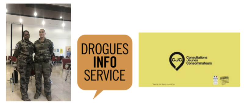 Photo de deux femmes militaires et logo Drogues Info Service et Consultations Jeunes Consommateurs