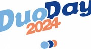 Le logo officiel du DuoDay 2024, composé des mots "DuoDay 2024" écrits en bleu clair, bleu foncé et orange, avec trois cercles colorés en bas représentant les valeurs d'inclusion et de diversité.